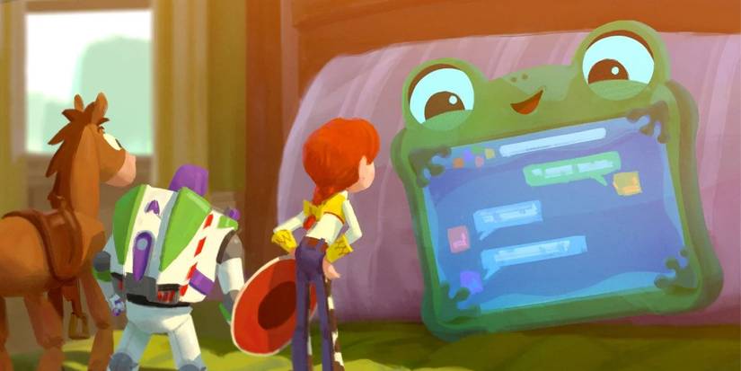 Bullseye, Buzz Lightyear, and Jesse looking at a toy drawing board in Toy Story 5
