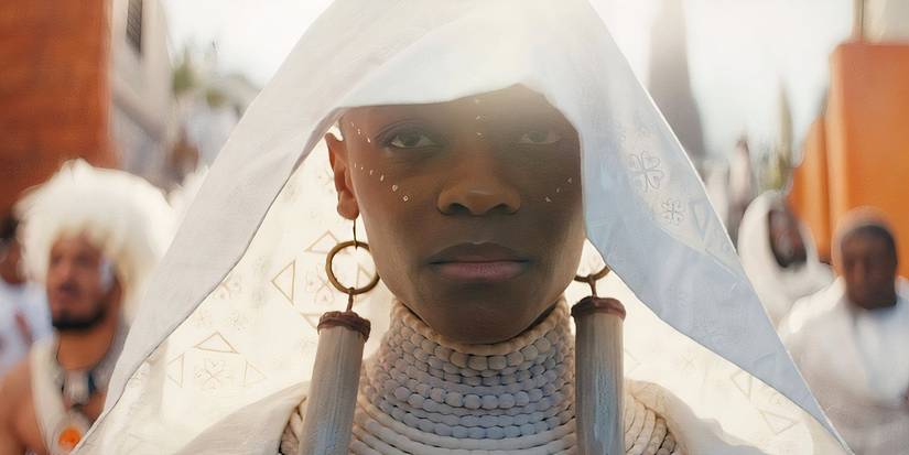 Letitia Wright as Shuri looking solemn in Black Panther: Wakanda Forever.