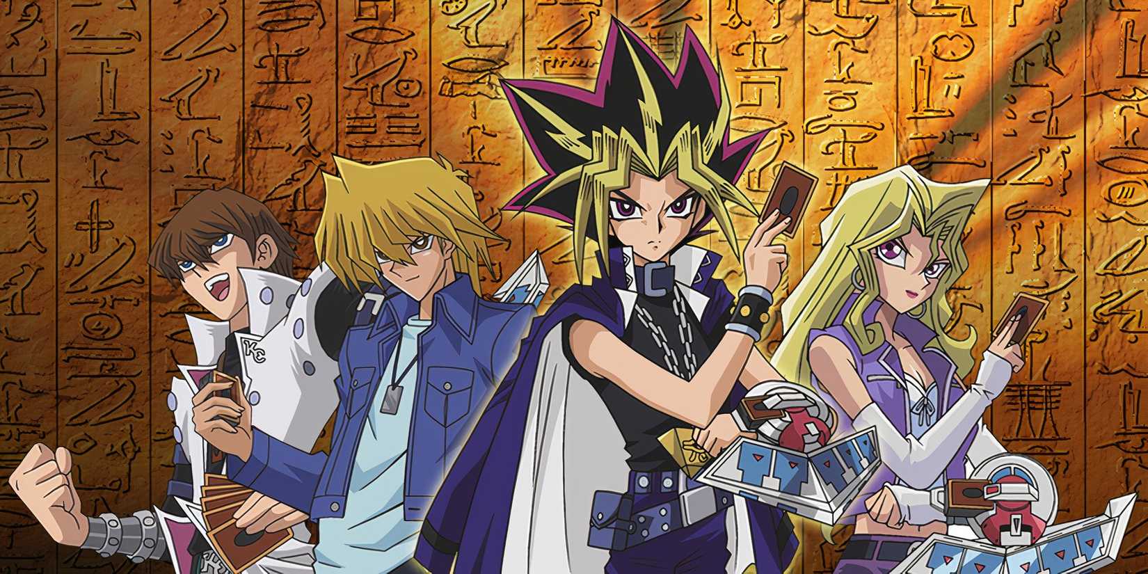Yu-Gi-Oh!'s cast of characters holding their game cards.