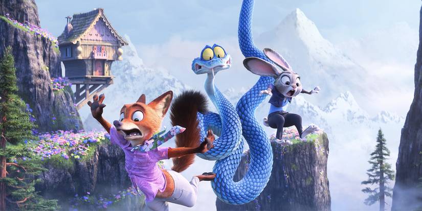 Nick, Judy dan Gary jatuh di dekat pegunungan di Zootopia 2