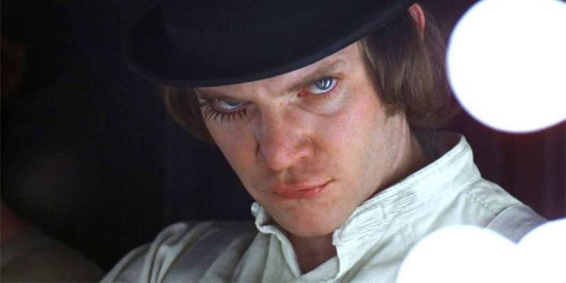 Alexander DeLarge staring intensely in the Stanley Kubrick movie A Clockwork Orange (1971)