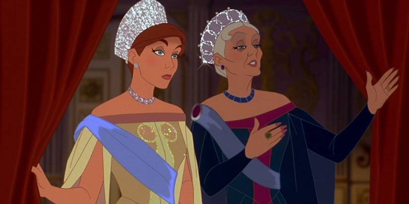 Anastasia and her grandmother in crowns and fancy dresses look out from behind curtains in Anastasia