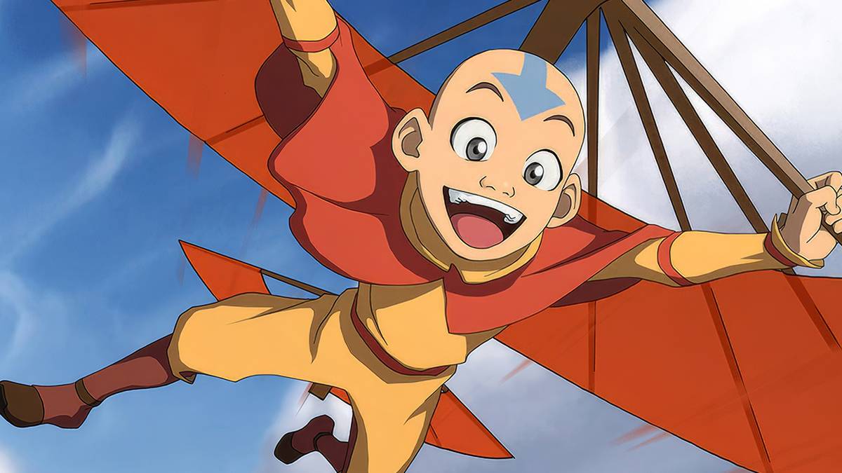 Aang air-gliding with a large smile in Avatar: The Last Airbender.