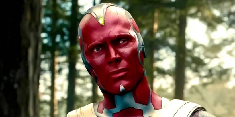 Pols Bettanijs kā redze Avengers laikmetā Ultronā, skatoties uz sāniem mežā. 