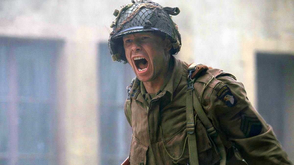 Donnie Wahlberg as a soldier, shouting in Band of Brothers.