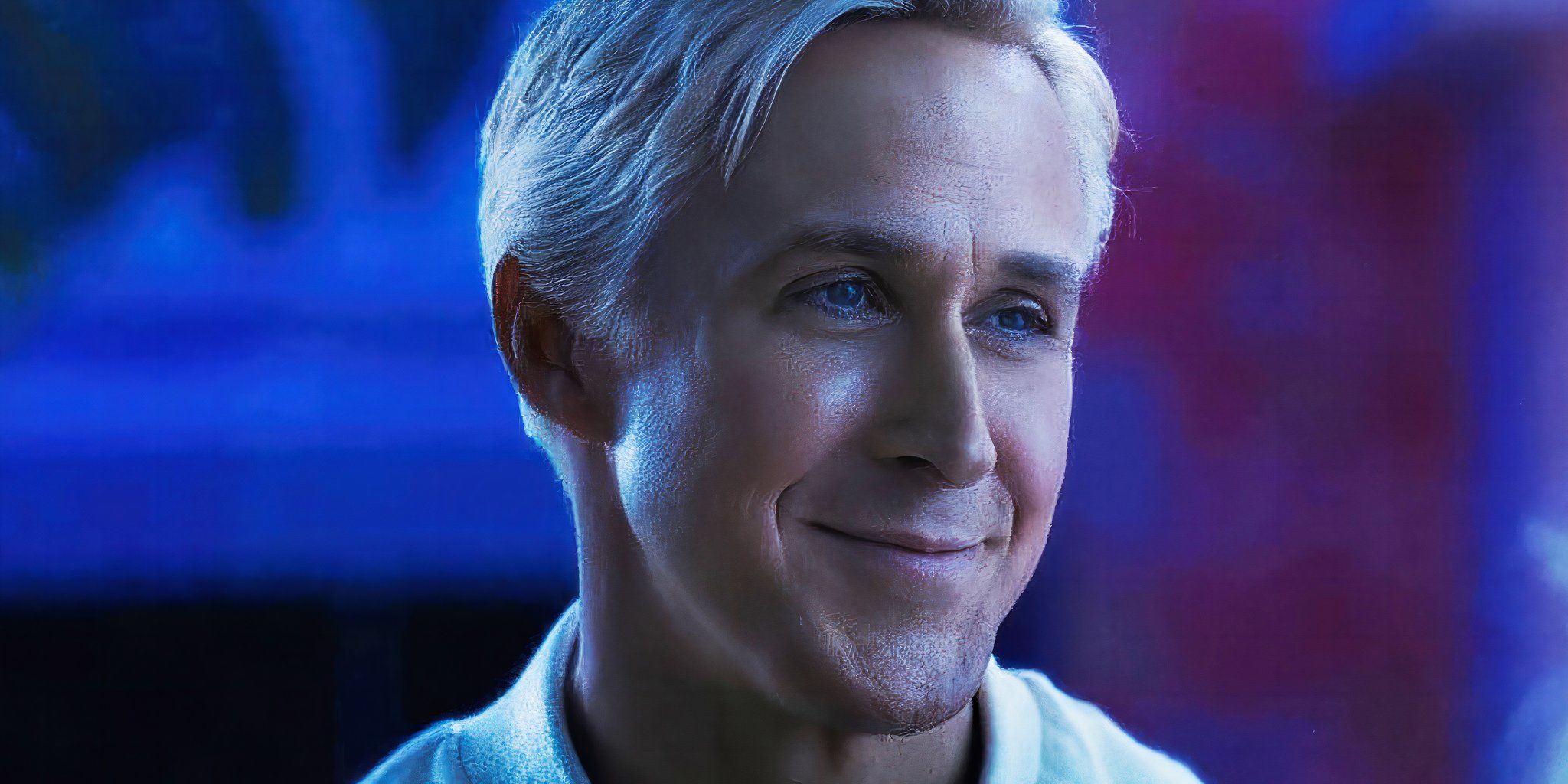 Ryan Gosling as Ken in Barbie looks off to the side of the camera
