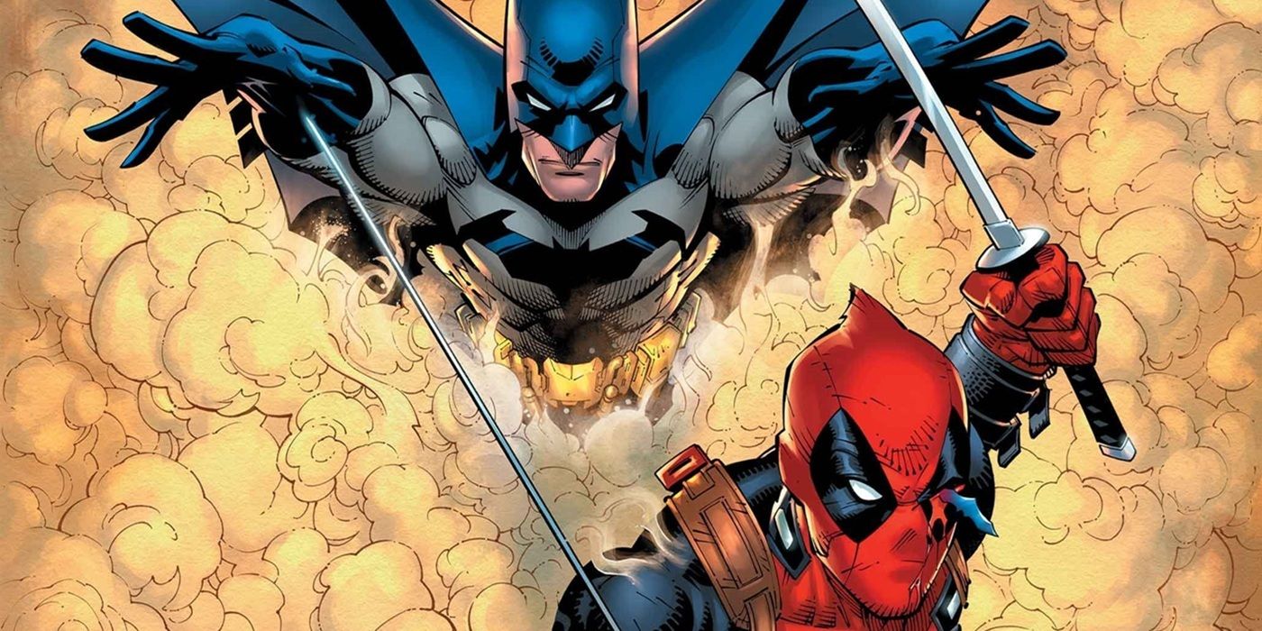 Batman and Deadpool come toward the camera from a smoke cloud on a comic book cover