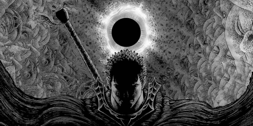 Guts standing in front of an eclipse in Berserk
