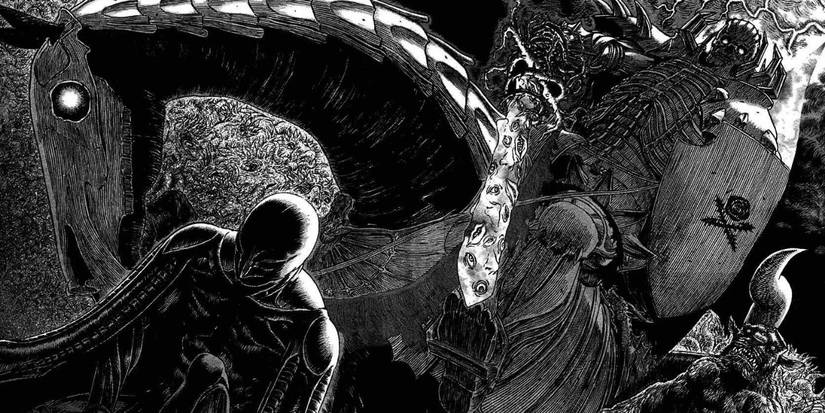 Skull Knight on a horse above Griffith in Berserk