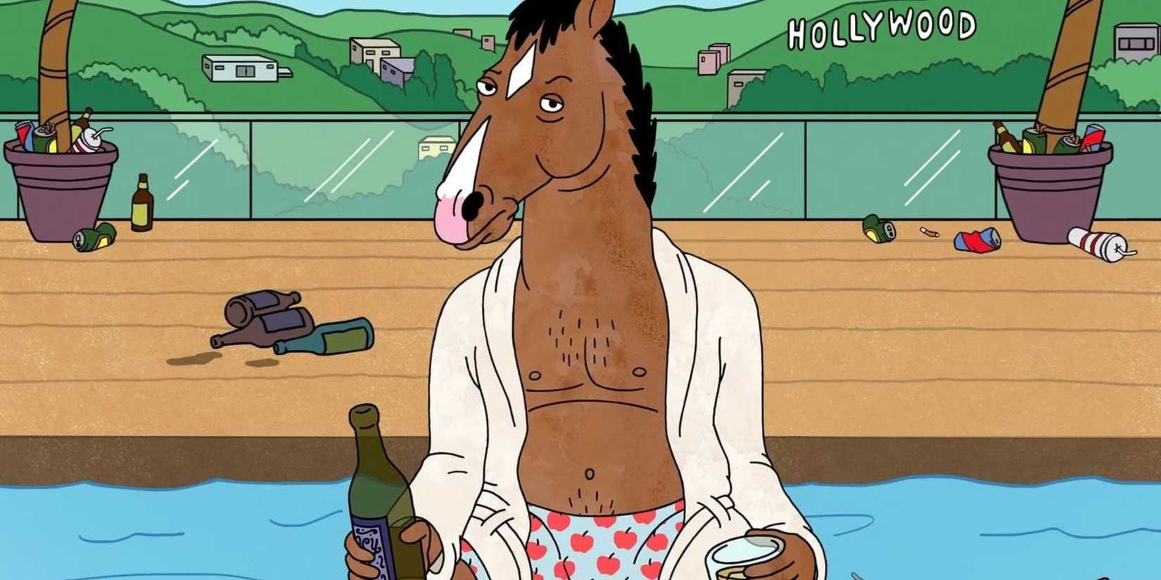 BoJack sits by a pool in a bathrobe holding a beer with the Hollywood sign behind in BoJack Horseman.