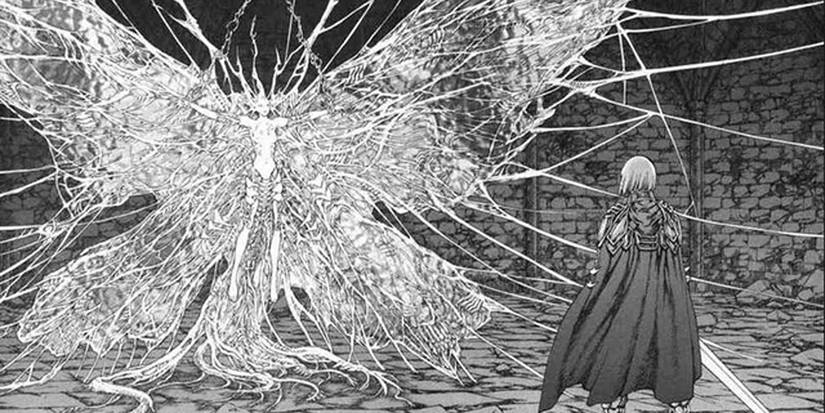 Seorang wanita dengan pedang menghadapi monster di Claymore