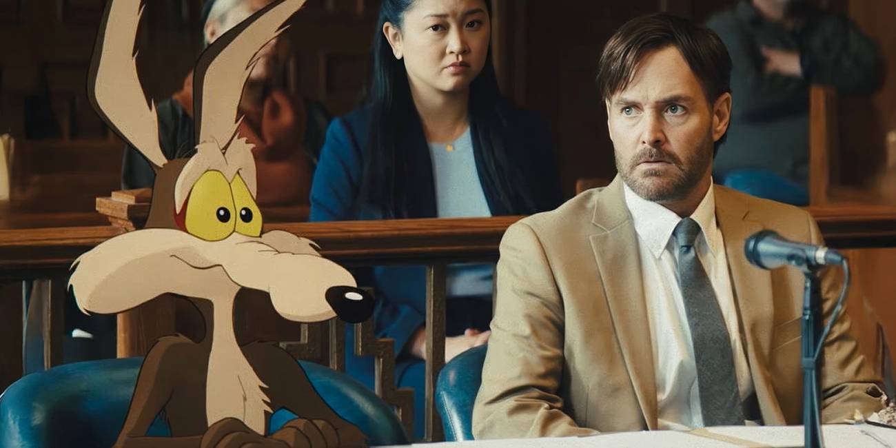 Wile E. Coyote sitting next to Will Forte in a courtroom