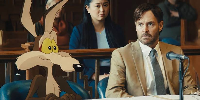 Wile E. Coyote sitting next to Will Forte in a courtroom