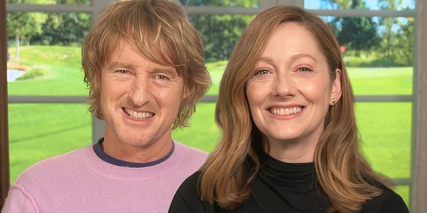 Image via Jefferson Chacon of Owen Wilson smiling next to Judy Greer for the Apple TV+ series Stick
