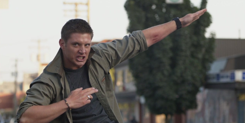 Dean Winchester poses with a silly face while singing Eye of the Tiger in Supernatural.