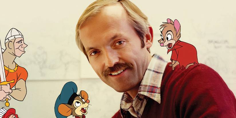 Animator Don Bluth, dengan beberapa karakternya bertengger di sekelilingnya.