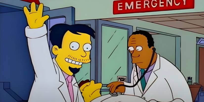 dr. Hibbert (Harry Shearer) and Dr. Nick (Hank Azaria) with a patient in the emergency room in The Simpsons.