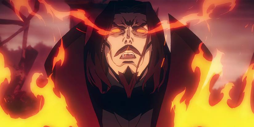 Dracula looking slightly up amid flames in Castlevania.