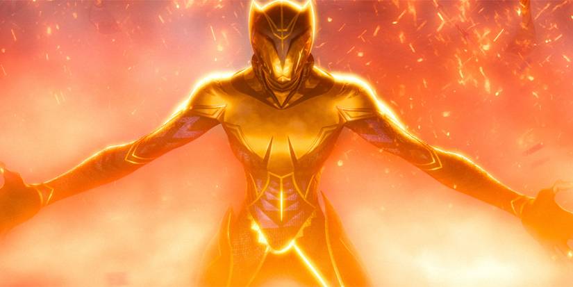 A person in a Black Panther suit with glowing sparks in Eyes of Wakanda.