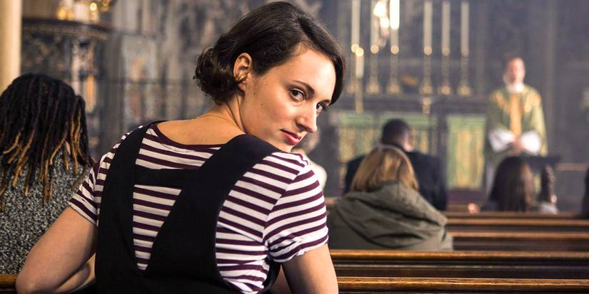 Phoebe Waller-Bridge staring into the camera while sitting in a pew in 'Fleabag' Season 2.