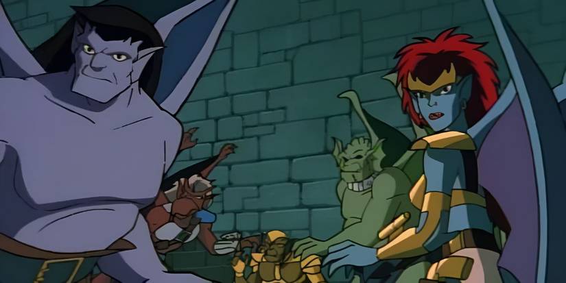 Goliath and Demona stand in front of other characters in Gargoyles. 