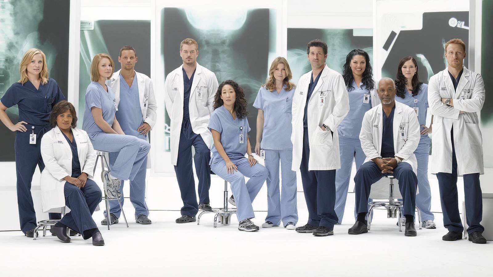 Jessica Capshaw, Chandra Wilson, Katherine Heigl, Justin Chambers, Eric Dane, Sandra Oh, Ellen Pompeo, Patrick Dempsey, Sara Ramirez, James Pickens Jr., Chyler Leigh, and Kevin McKidd in promotional image for Grey's Anatomy Season 6