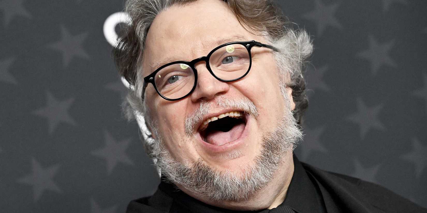 Director Guillermo del Toro against a starry gray backdrop, smiling.