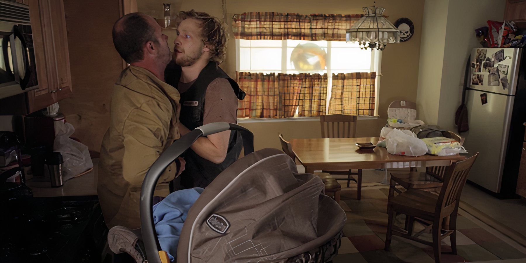 Half Sack in Sons of Anarchy with a kidnapped baby in the room.