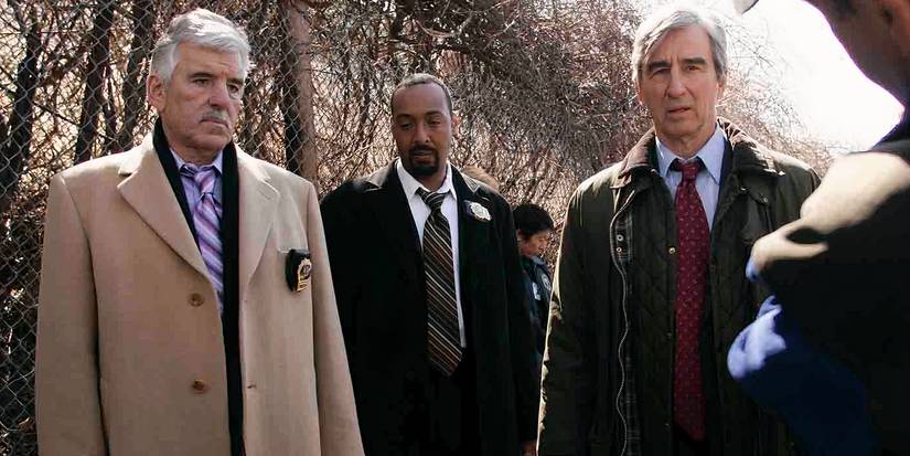 Dennis Farina as Fontana, Jesse L. Martin as Green and Sam Waterston as McCoy in Law & Order.