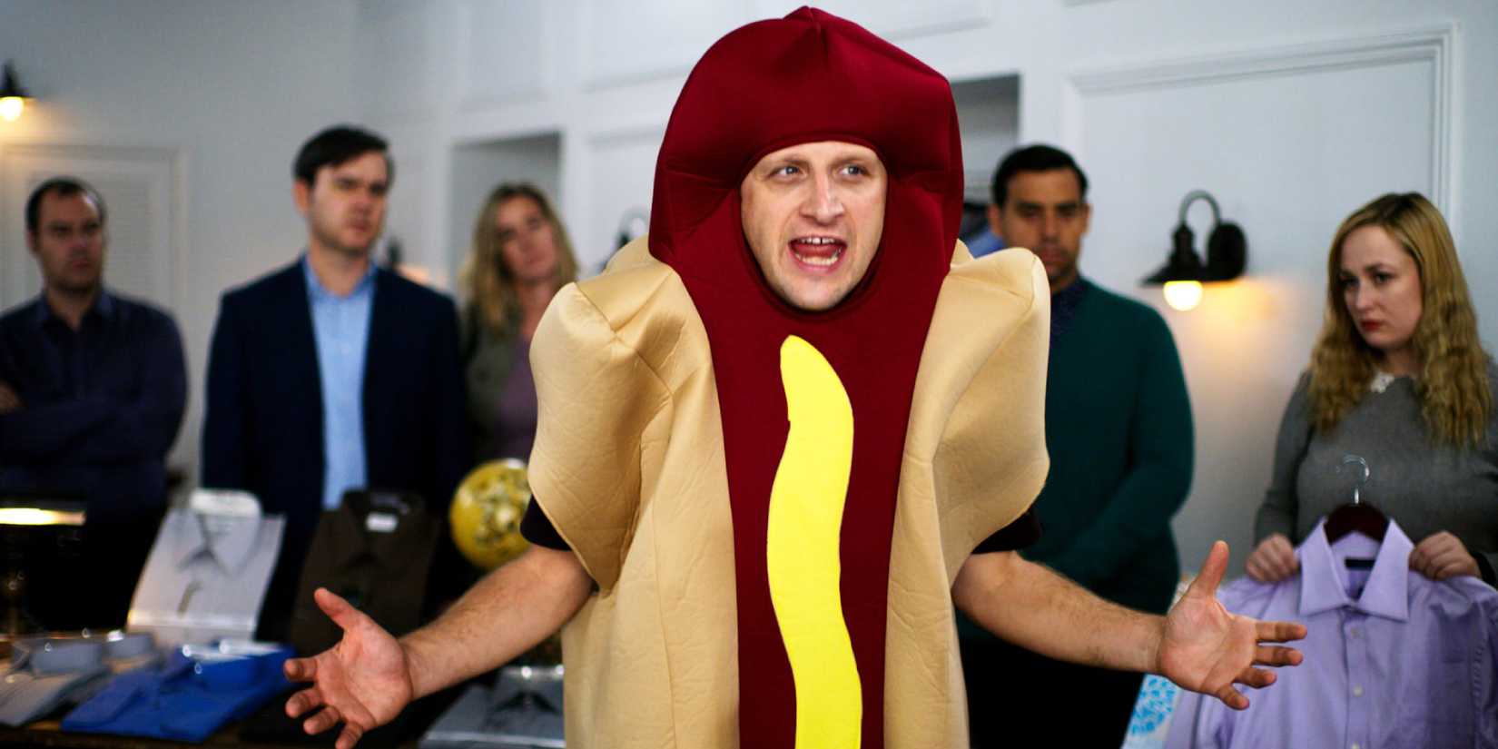 Suspicious man in a hot dog costume trying to defend himself in I Think You Should Leave with Tim Robinson, season 1 (2019)