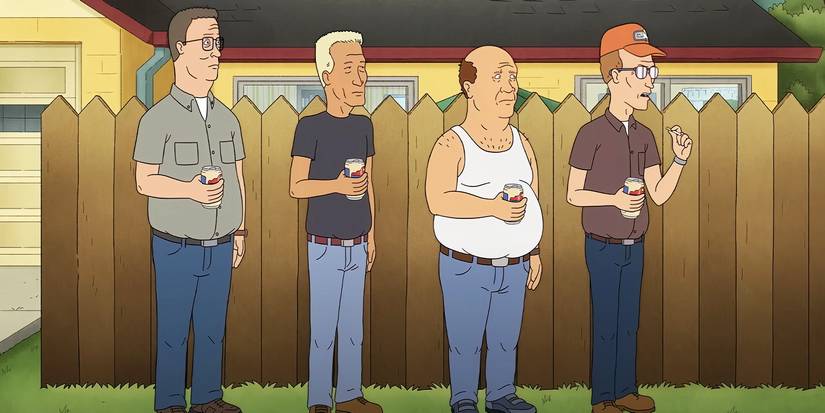 Hank, Boomhauer, Bill, and Dale in the alley, drinking beers in King of the Hill.