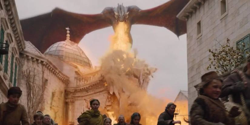 Daenerys Targaryen, riding Drogon, burns King's Landing. 