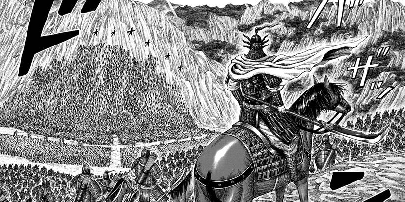 A man on a horse watching an army run up a hill in Kingdom manga