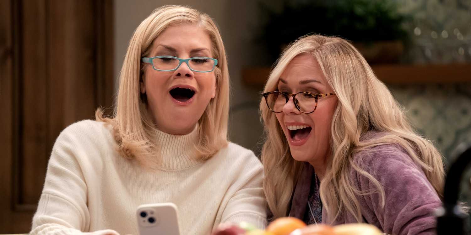 Leanne Morgan as Leanne and Kristen Johnston as Carol looking surprised at something on the phone in Leanne