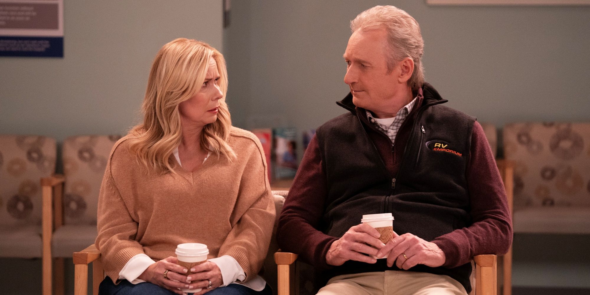 Leanne Morgan as Leanne sitting in the hospital next to Ryan Stiles as Bill in the Netflix sitcom Leanne