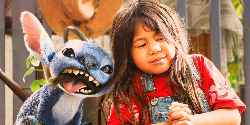 Maia Kealoha as Lilo with Stitch who chews on her hair in Lilo & Stitch (2025)