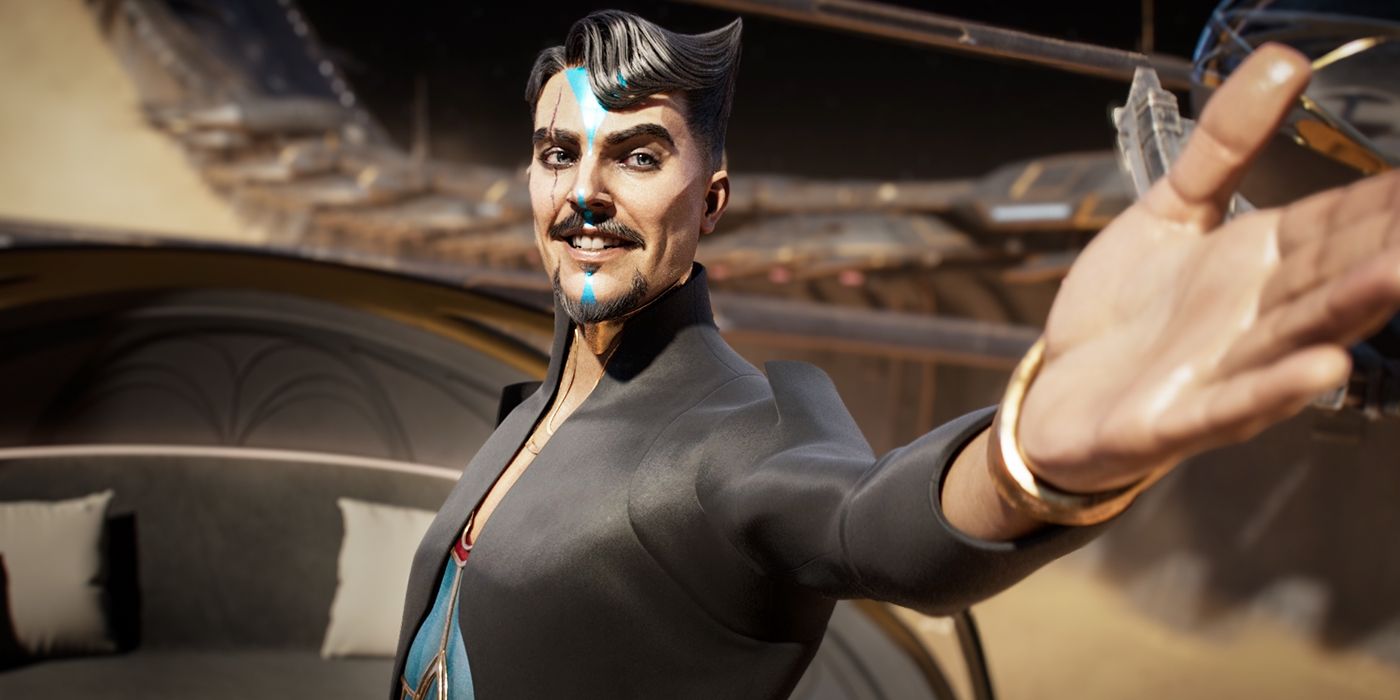 A man with a blue line down his face gestures out in The Screaming of the Tyrannosaur, Love, Death + Robots.