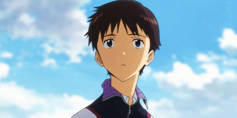Shinji in front of a sky full of clouds.