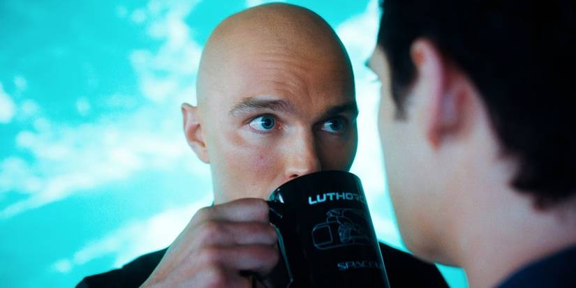 Nicholas Hoult sipping coffee in 'Superman'.