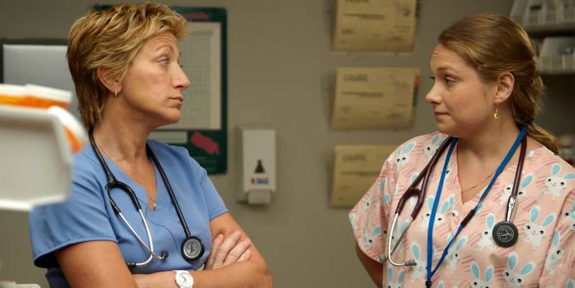 Jackie (Edie Falco) looks disapprovingly at Zoey (Merritt Wever) in 'Nurse Jackie'