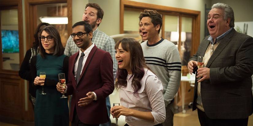 Aubrey Plaza, Aziz Ansari, Chris Pratt, Rashida Jones, Rob Lowe, and Jim O'Heir in Parks and Recreation.