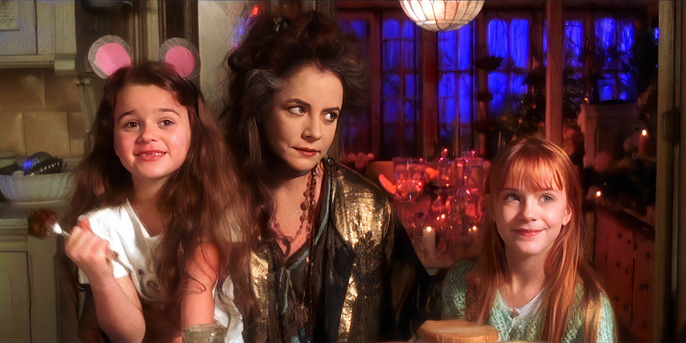 Stockard Channing with two young girls, smiling in Practical Magic