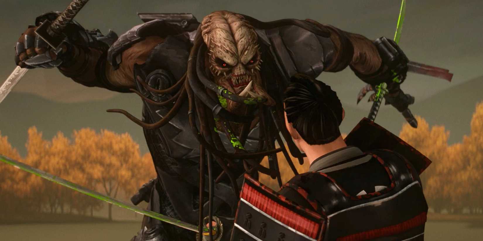 A Predator fighting a samurai warrior in Predator: Killer of Killers - 2025.