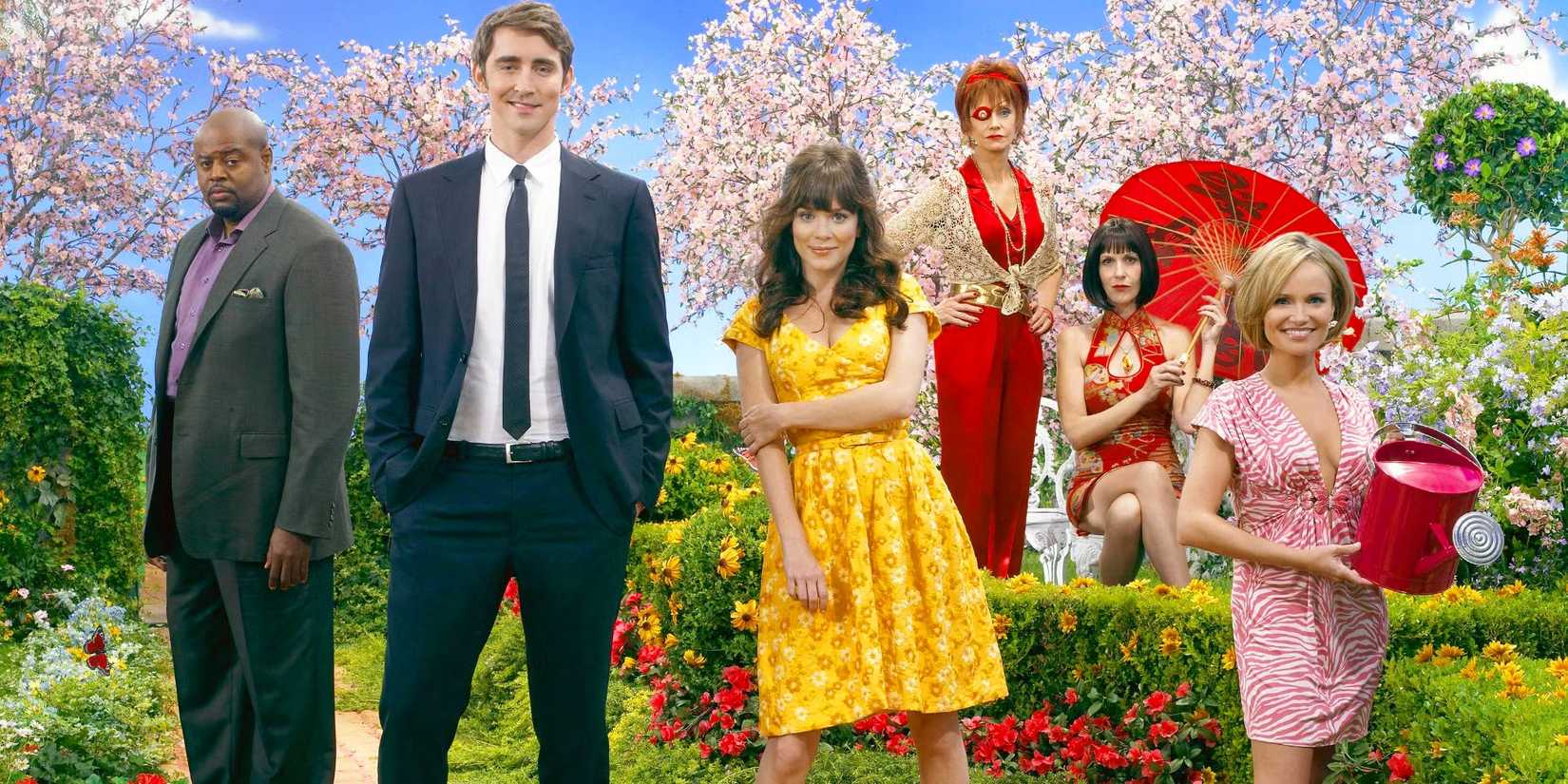 Emerson, Ned, Chuck, Aunt Lily, Aunt Vivian, and Olive in a colorful garden on Pushing Daisies poster.