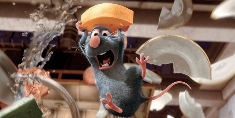 Ratatouille, showing Remy the rat leaping through the air while holding a piece of cheese
