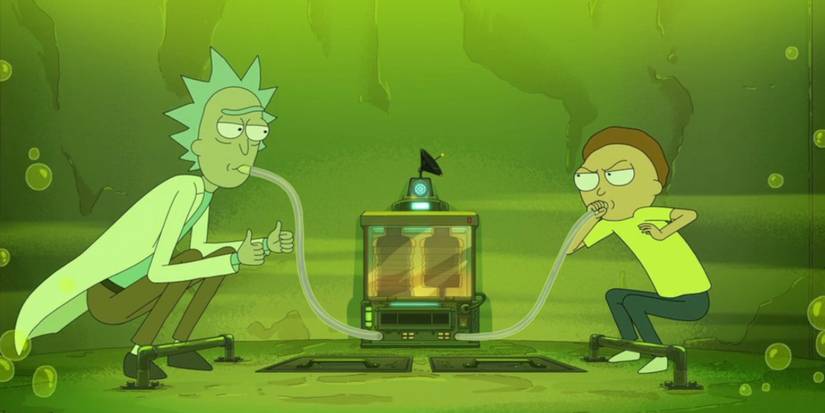 Rick and Morty sit in a green vat of fake acid in Rick and Morty.
