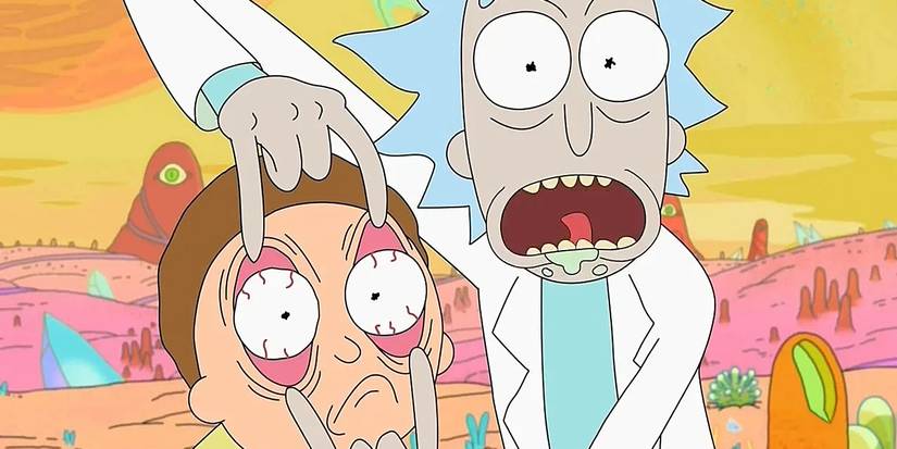 Rick holding Morty's eyes open in the show Rick and Morty.