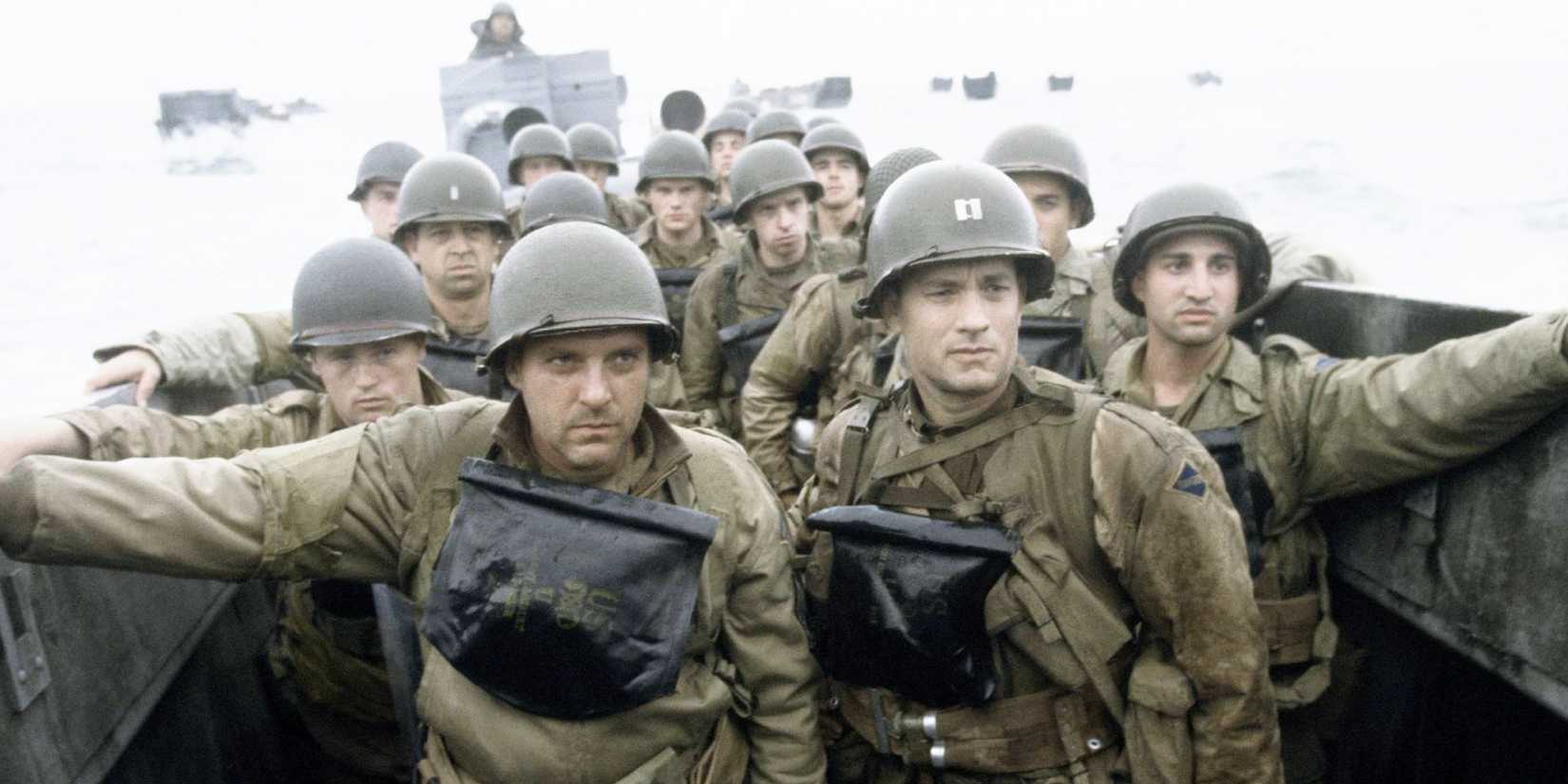 Soldiers in the lead-up to the Normandy invasion during World War II in Saving Private Ryan (1998)