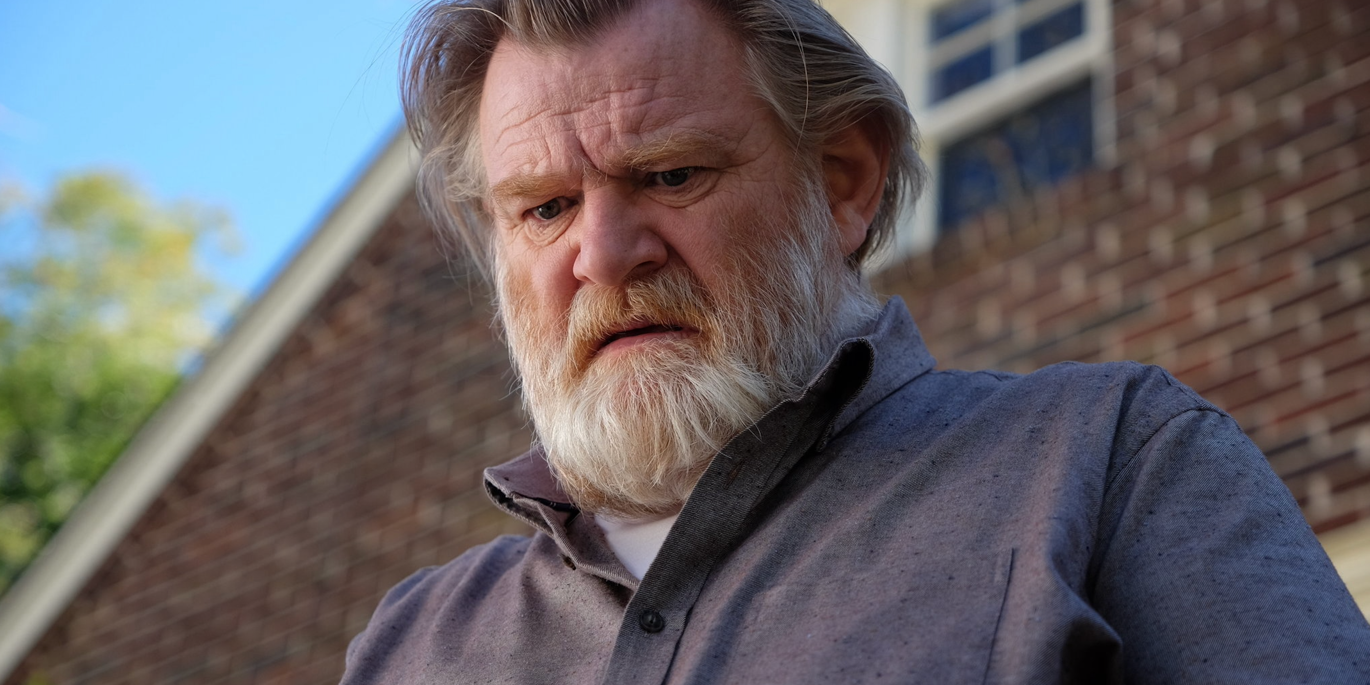 Brendan Gleeson looks worried in front of his house in Mr Mercedes