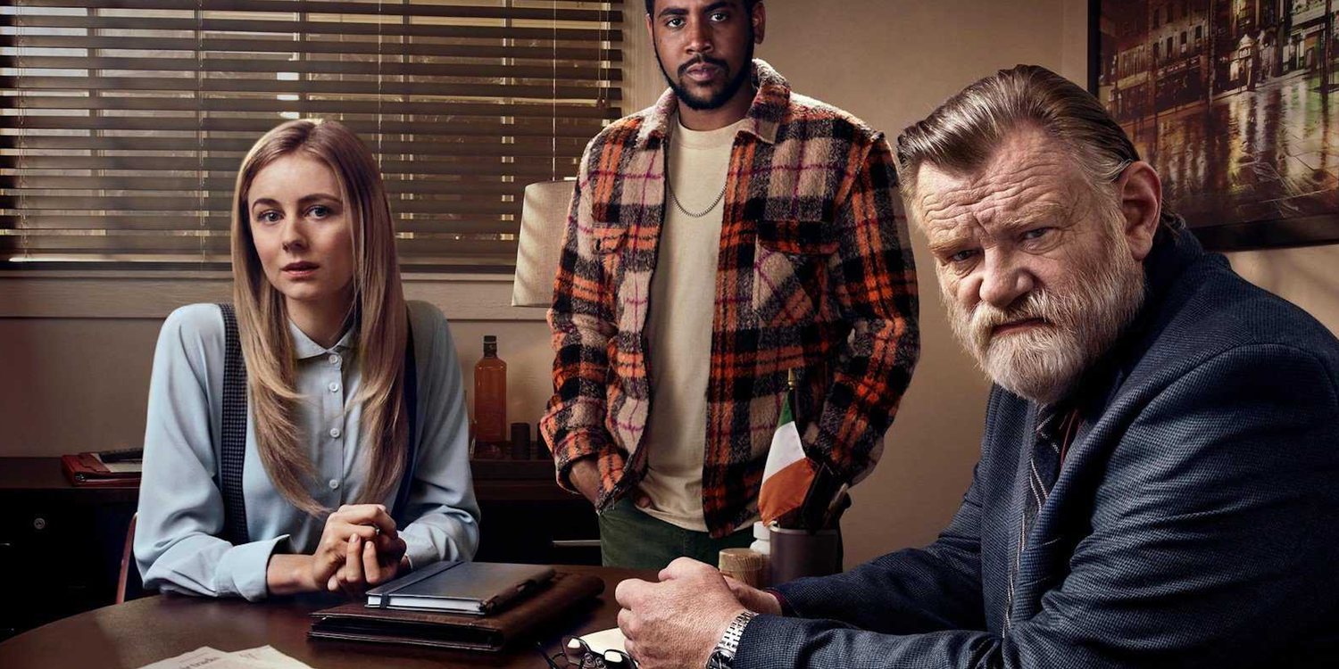 a promo photo of Brendan Gleeson talking with witnesses in Mr Mercedes